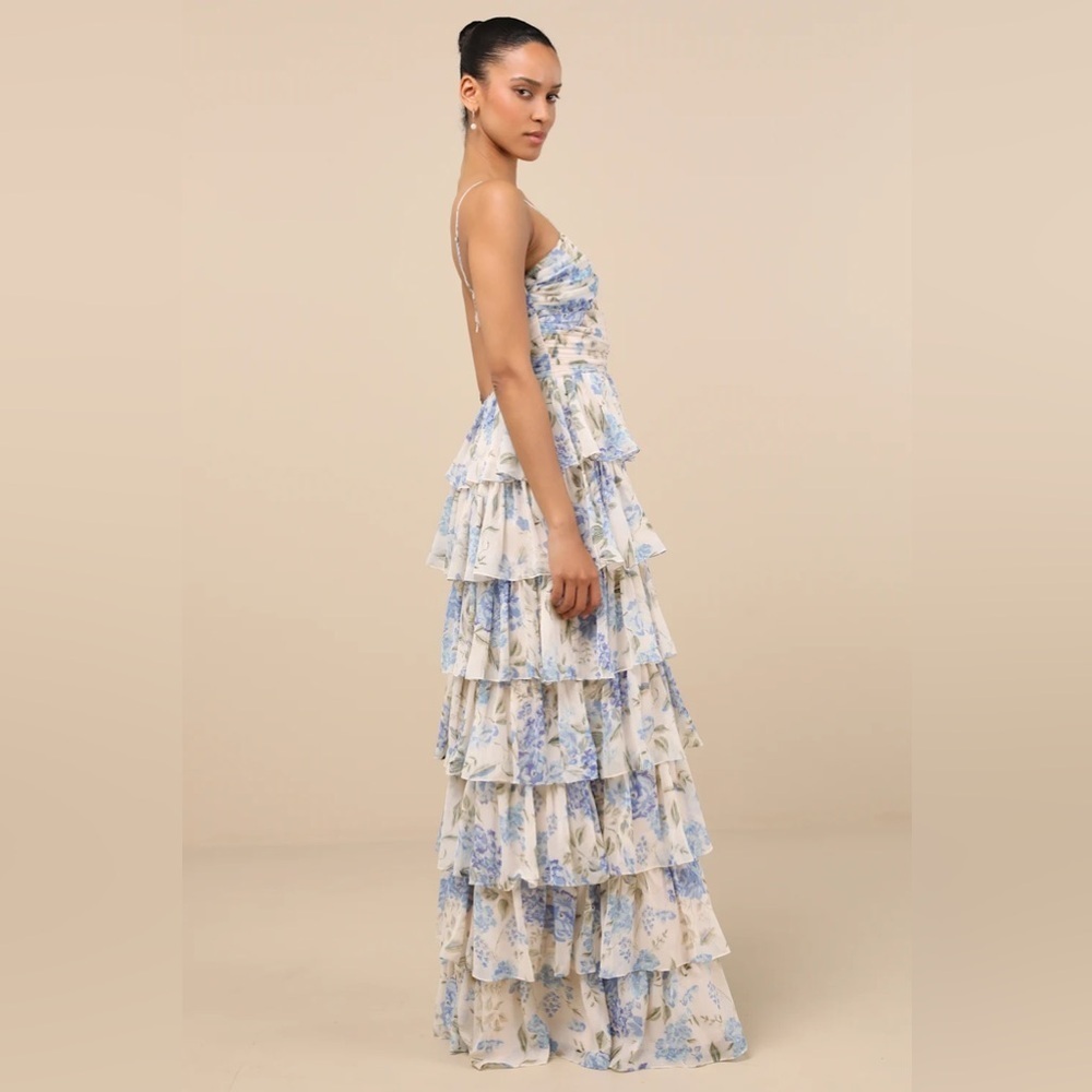 Lulus Arata Blue Floral Tiered Maxi Dress cutout size XL Sheer Big Florals fairy